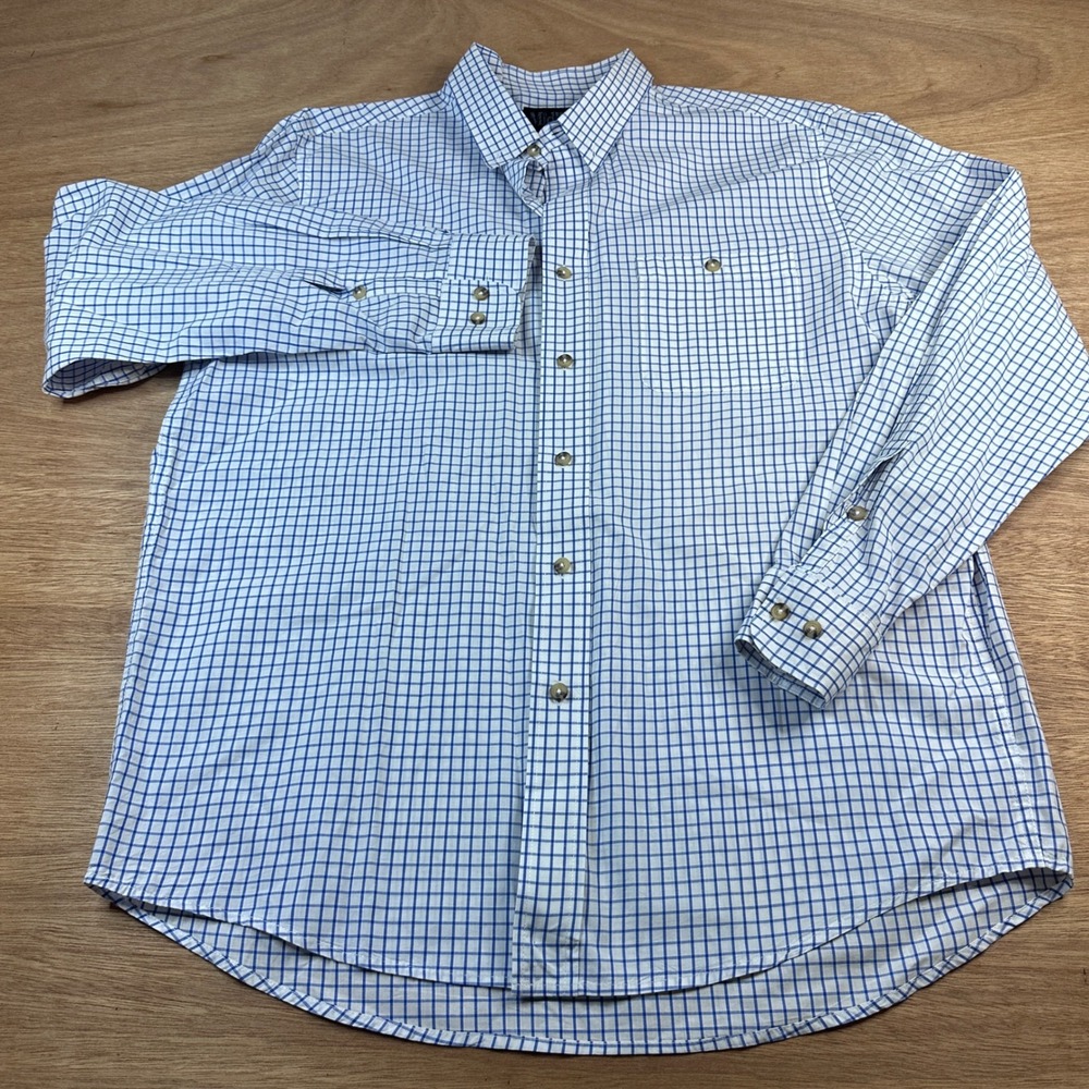 USA Midway Men's Large Blue White Plaid Button Up Shirt Cotton Long Sleeve Work